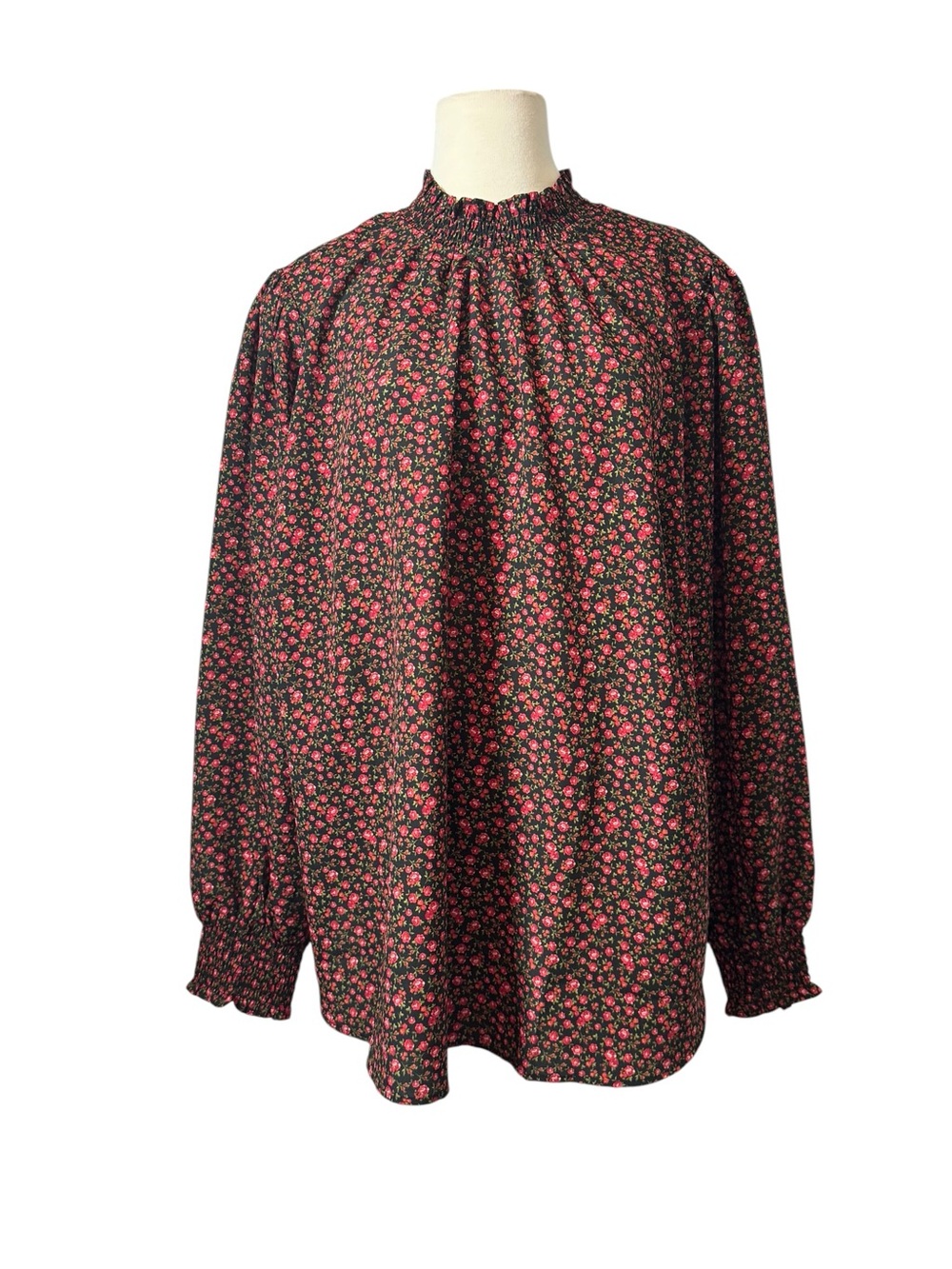 Pleione Black Blouse with Pink Floral Print